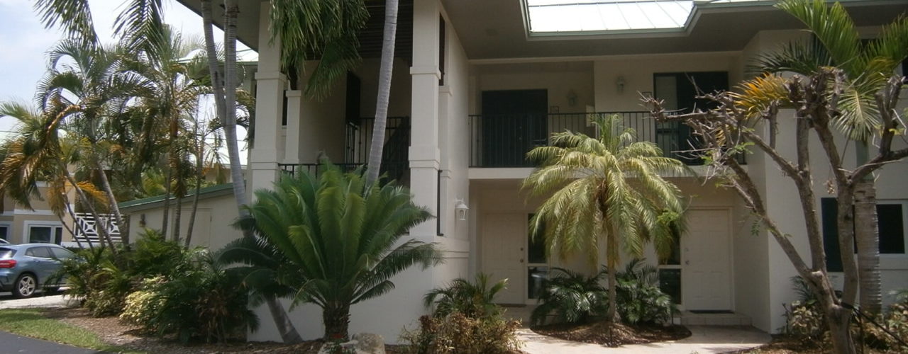A white building with palm trees in the front yard.